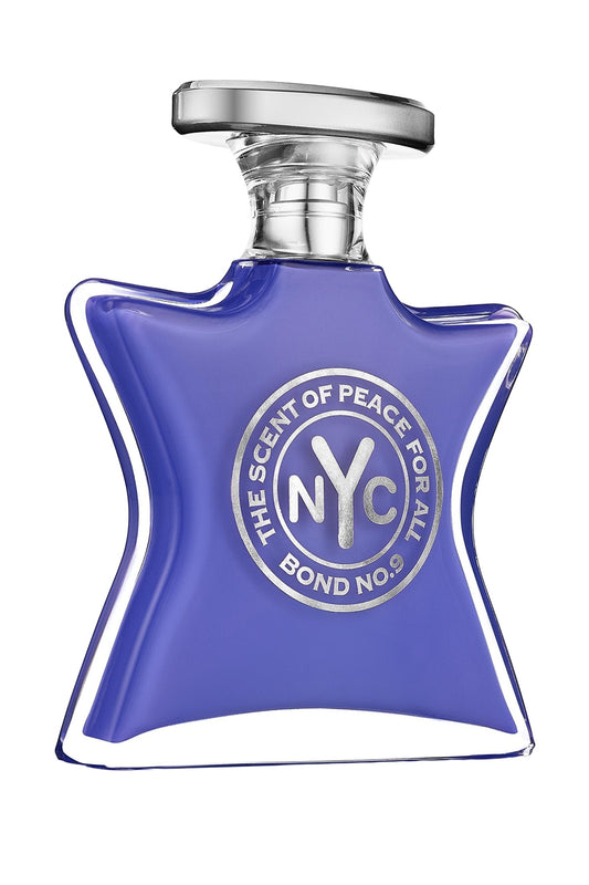 Bond No. 9 The Scent of Peace for All eau de parfum bottle, lavender star-shaped bottle with silver NYC peace emblem and silver cap, front view on white background