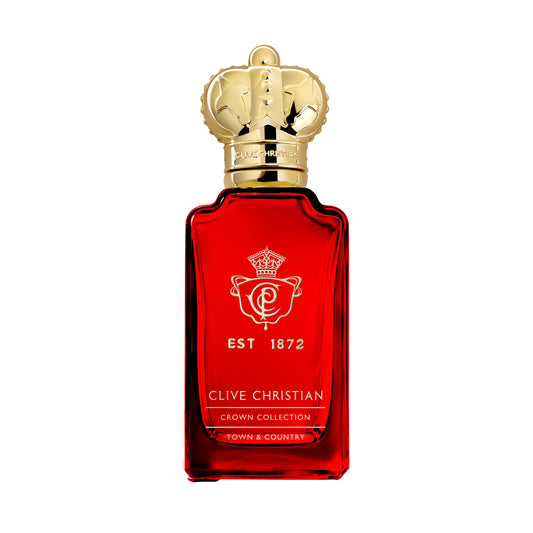 Clive Christian Town & Country parfum bottle, red glass with gold crown cap, front view on white background