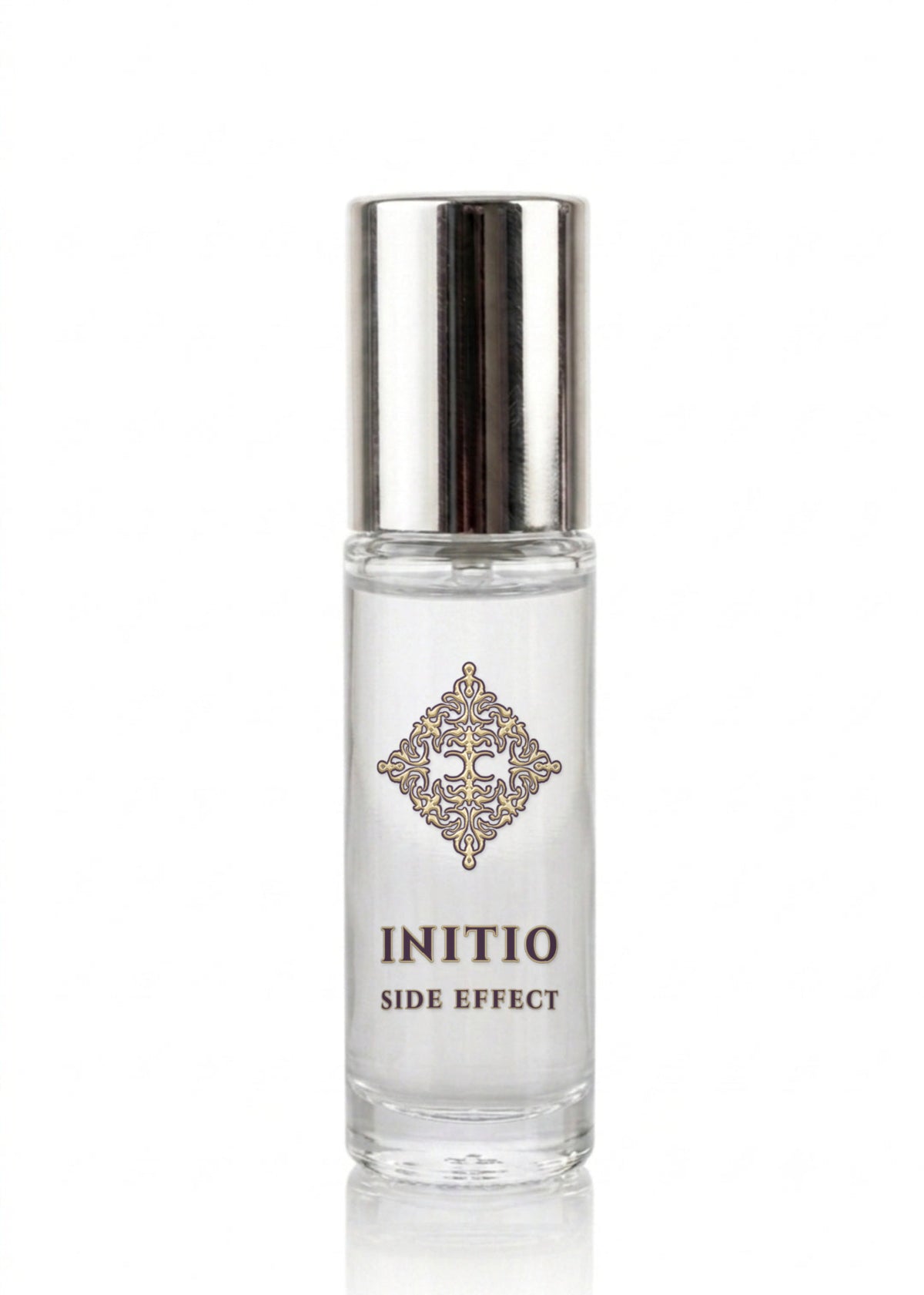 Initio Side Effect 10 mL decant in a clear glass bottle with silver cap and Initio Side Effect label