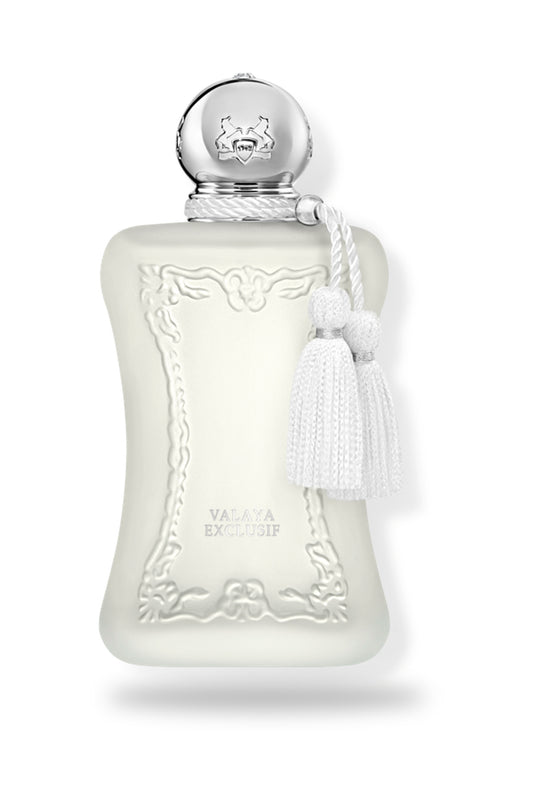 Parfums de Marly Valaya Exclusif eau de parfum bottle, frosted white glass with silver horse-crest cap, white tassel and VALAYA EXCLUSIF lettering, front view on white background